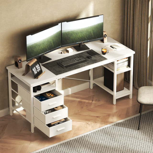 Patbrela Gaming-Schreibtisch mit 3 Ablagen und Aufbewahrungstaschen, Breite: 120 cm, Braun Schwarz Weiß - Bild 1