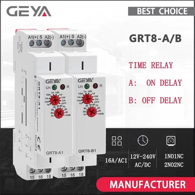 GEYA Elektronisches Zeitrelais GRT8-A/B zur Ein- oder Ausschaltverzögerung, 16A, AC230V oder AC/DC12-240V, Farbe: Weiß - Bild 1