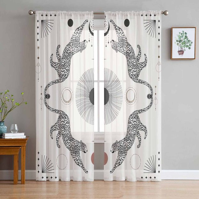Super Six Transparente Tüll-Vorhänge mit Leopard-Sonne-Mond-Motiv in Weiß, Breite: 135 cm, Höhe: 114 cm - Bild 1
