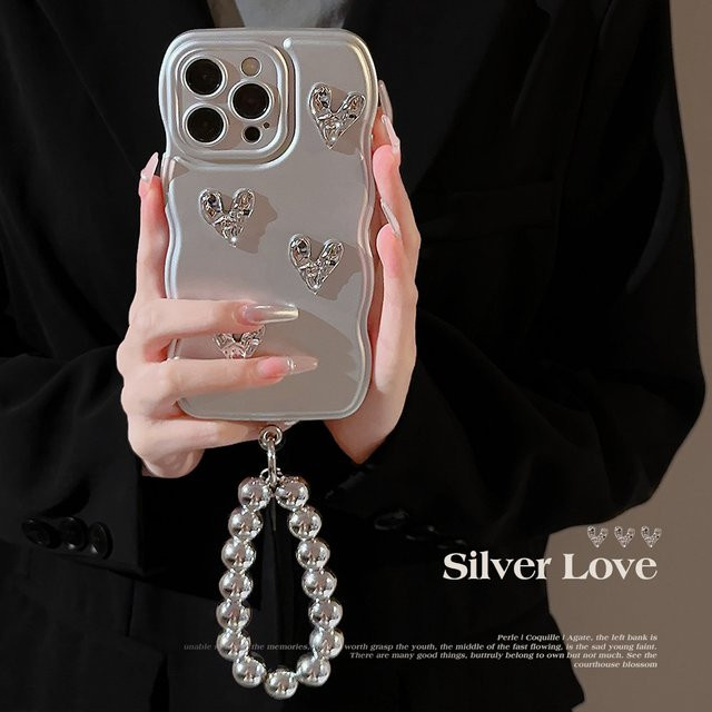 MUQGEW Handyhülle mit 3D-Falten-Liebes-Herz-Design und gewelltem Rand für iPhone 17 16 15 14 13 12 11 Pro Max, stoßfeste Armband-Abdeckung, Farbe: Silber - Bild 1