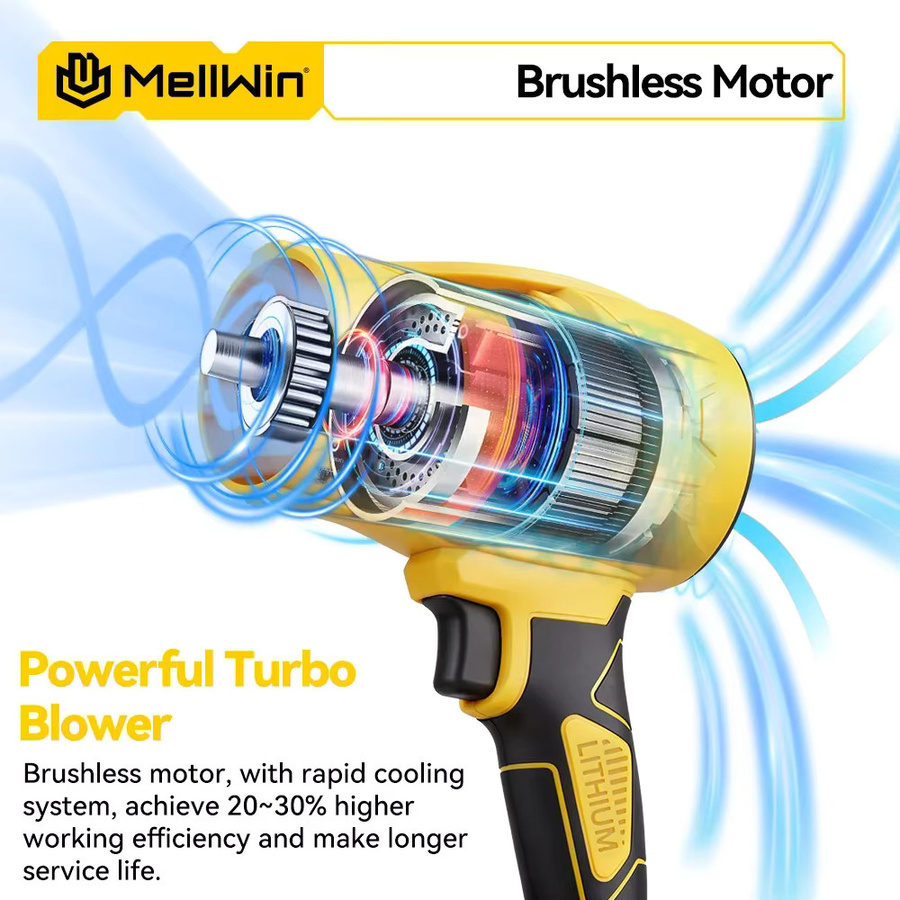 MELLWIN Turbo-Lüftergebläse Jet Violent Hand-Laubbläser mit 300.000 U/min, bürstenlos und akkubetrieben für Makita 18V LXT Akkus, Gelb - Bild 4