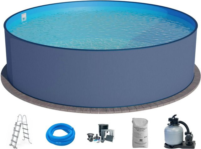 Waterman Stahlwandpool Set 7-teilig Hoch Rund in Anthrazit mit blauer Folie, Durchmesser: 450 cm, Höhe: 120 cm - Bild 1