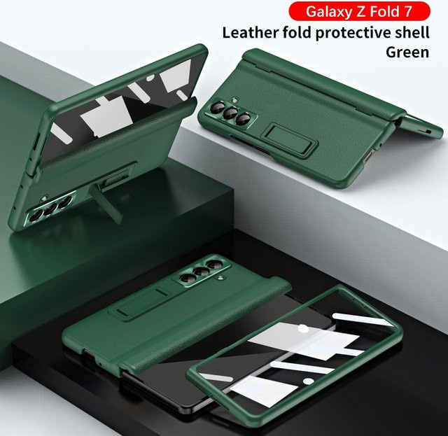 Leder Handyhülle für Samsung Galaxy Z Fold 7 6 5 4 3 mit magnetischem Scharnierständer und Spiegelfolie in Grün - Bild 1
