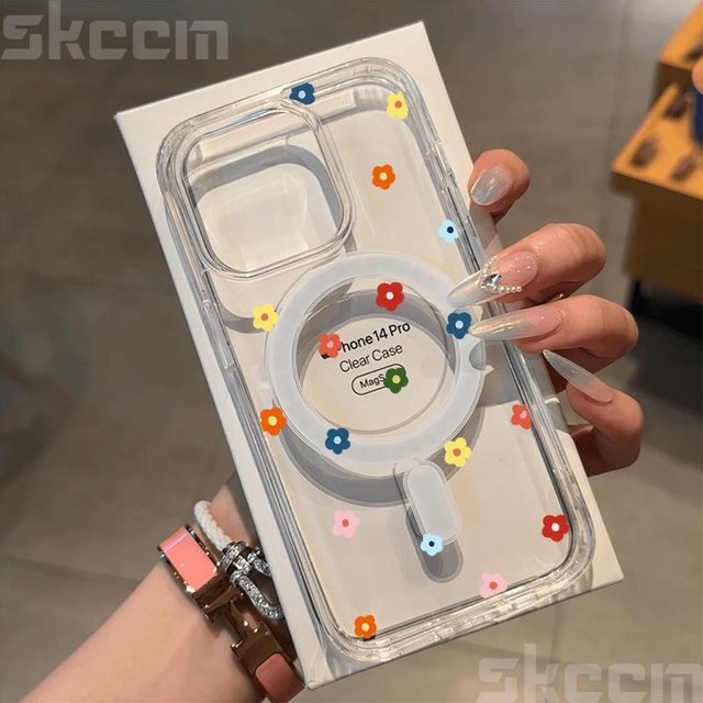 Yiran Handyhülle mit kleiner Blumen-Herz-Grafik für iPhone 16 15 14 13 12 11 Pro Max XS XR X sowie iPhone 12 Mini, MagSafe kompatibel, Transparent/Grau - Bild 1
