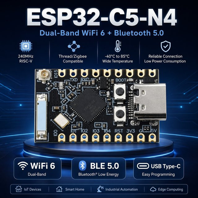 ESP32-C5-N4 Drahtlose IoT-Platine mit RISC-V 240MHz, Dual-Band WiFi6 und Bluetooth 5.0, Typ-C Anschluss, Schwarz, mit externer Antenne für deine Smart-Home-Projekte - Bild 1