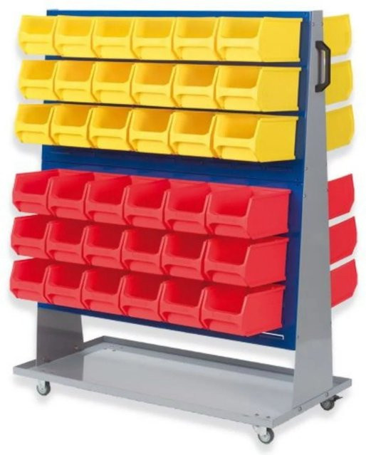 PROREGAL ProfiDrop Systemwagen auf Rollen mit blauen Systemplatten und 72 roten und gelben Sichtlagerboxen, H x B x T: 130 x 100 x 50 cm - Bild 1