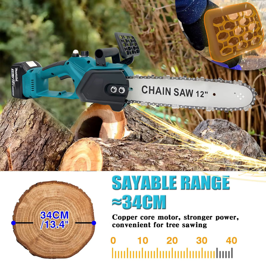 Makita 12-Zoll Akku-Kettensäge 400W Komplettset mit zwei Akkus und Sicherheitszubehör kompatibel mit Makita 18V - Bild 3