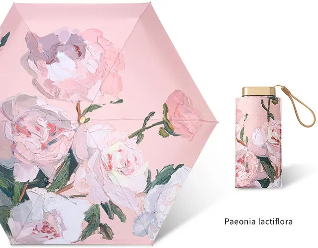JBTP Mini-Regenschirm für Damen, kompakt und manuell, Rosa mit mehrfarbigem Blumen-Rosen-Ölgemälde und UV-Schutz - Bild 1