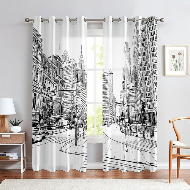Yiran Furniture Vorhänge im Industriestil mit Stadtgebäude-Motiv in Schwarzweiß, 2er-Set, Breite: 91,5 cm, Höhe: 160 cm - Bild 1