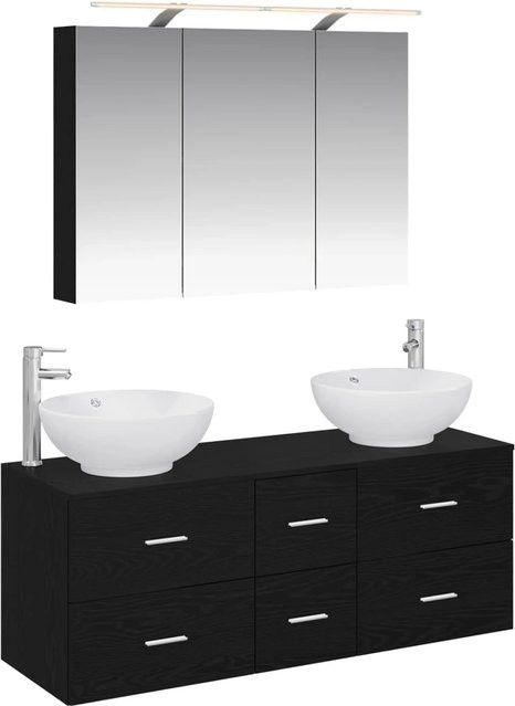vidaXL Badezimmermöbel-Set 4-teilig in Schwarz mit Spiegelschrank, Wandschrank und Waschtischunterschrank aus Holz und Glas mit LED-Beleuchtung - Bild 1