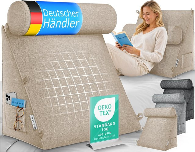 ELONEO Rückenkissen Sand mit verstellbarer und abnehmbarer Nackenrolle, dreieckiges Keilkissen für Bett und Sofa mit waschbarem Bezug und Seitenfach, Breite: 50 cm - Bild 1