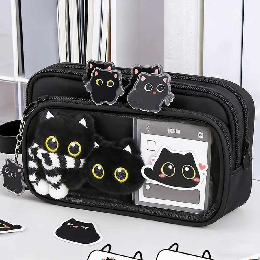 Federmäppchen mit schwarzer Katze als 10-Schichten Organizer für Marker und Schulbedarf in Schwarz - Bild 2