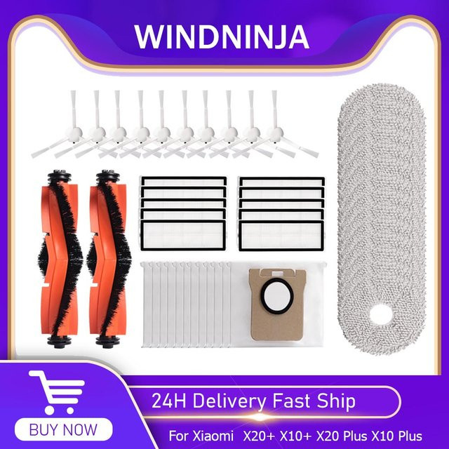 WINDNINJA Ersatzteil-Set für Xiaomi X20, X10, X20 Plus und X10 Plus Roboterstaubsauger mit Mopp, HEPA-Filter und Seitenbürsten aus Kunststoff - Bild 1