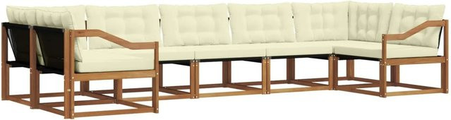 vidaXL Outdoor-Sofagarnitur 7-teilig aus Akazienholz in Natur mit Textilene und Kissen in Beige und Weiß - Bild 1
