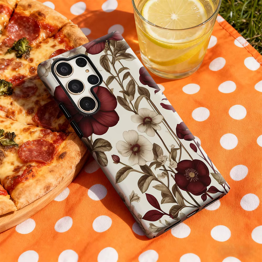 Burgunderrote florale Handyhülle mit glänzender doppellagiger Rückseite für Samsung Galaxy S25 Ultra, S24 und S23 Ultra Plus - Bild 4
