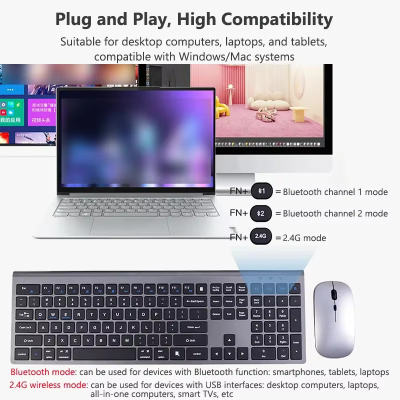 Luxuglow Bluetooth-Tastatur und Maus-Kombination in Silber mit drei Modi und 2,4-G-Verbindung, wiederaufladbares kabelloses Set für iOS, Android und Windows - Bild 2