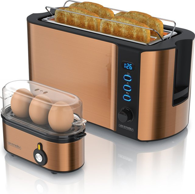 Arendo Frühstücks-Set 2-teilig mit 1500W Langschlitz-Toaster für 4 Scheiben und 3er Eierkocher in Kupfer - Bild 1