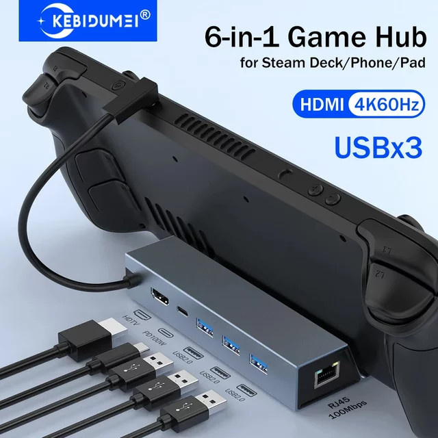 KEBIDUMEI 6-in-1 USB-C Dockingstation in Grau für Steam Deck, ROG Ally und Nintendo Switch mit HDMI 4K UHD, PD 100W und 3x USB 2.0 - Bild 1