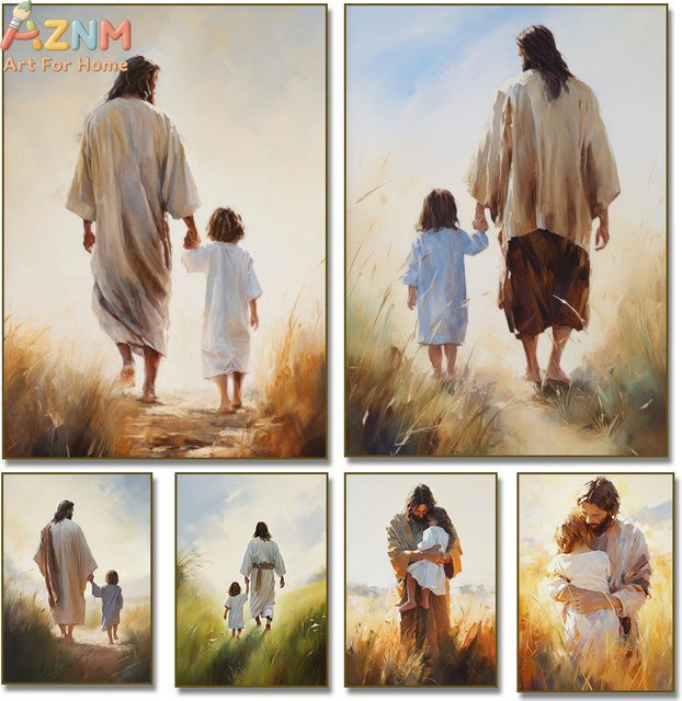 AZNM Jesus mit Kind Aquarell Wandkunst als Rahmenlose Leinwand in Multicolour für deine christliche Heimdekoration - Bild 1