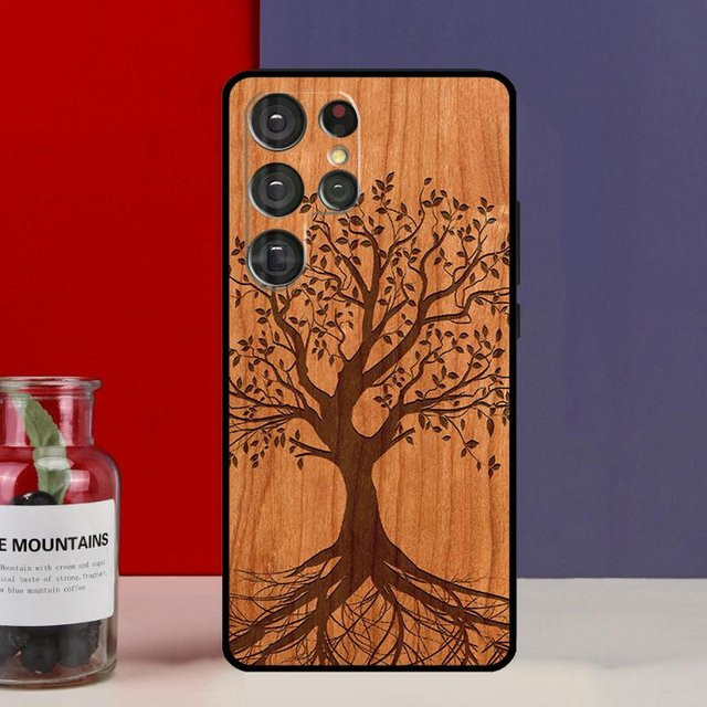 Bambus Holz Handyhülle mit Baum Blüte Design für Samsung Galaxy S25 Ultra S24 S23 S22 S21 S20 FE S10 S9 in Braun - Bild 1