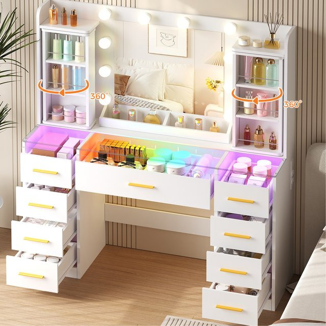 BEWISHOME Schminktisch mit LED-Beleuchtung, Glasplatte, Steckdose und USB-Anschluss in Weiß, B/T/H: 105 x 40 x 140 cm - Bild 1