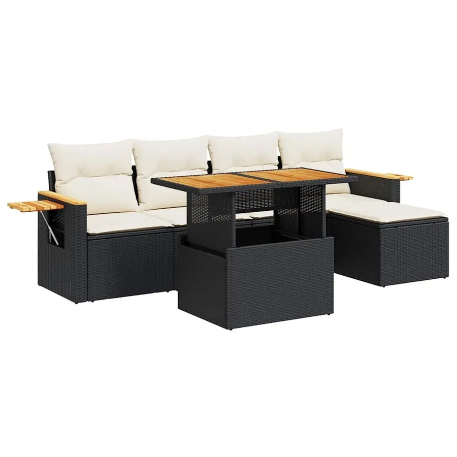 vidaXL 6-teilige Garten-Sofagarnitur aus Poly-Rattan und Akazienholz in Schwarz-Creme mit Kissen - Bild 2