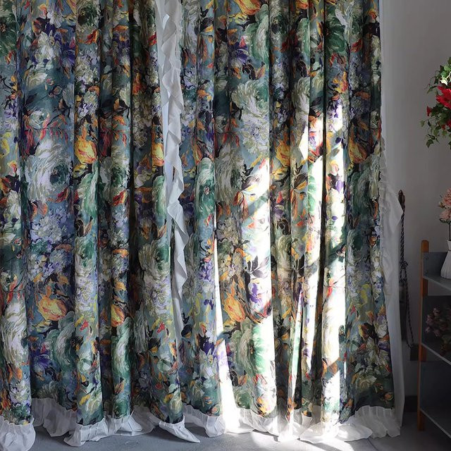 CENTURyMiG Kurzer Café-Vorhang mit Vintage-Monet-Ölgemälde-Druck und Spitzenbesatz, halbtransparent, Mehrfarbig, Breite: 100 cm, Höhe: 200 cm - Bild 1