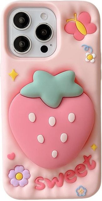 Stoßfeste Silikonhülle mit süßem 3D-Cartoon-Erdbeer-Handgriffhalter für dein iPhone 16 15 14 13 Pro Max in Pink - Bild 1