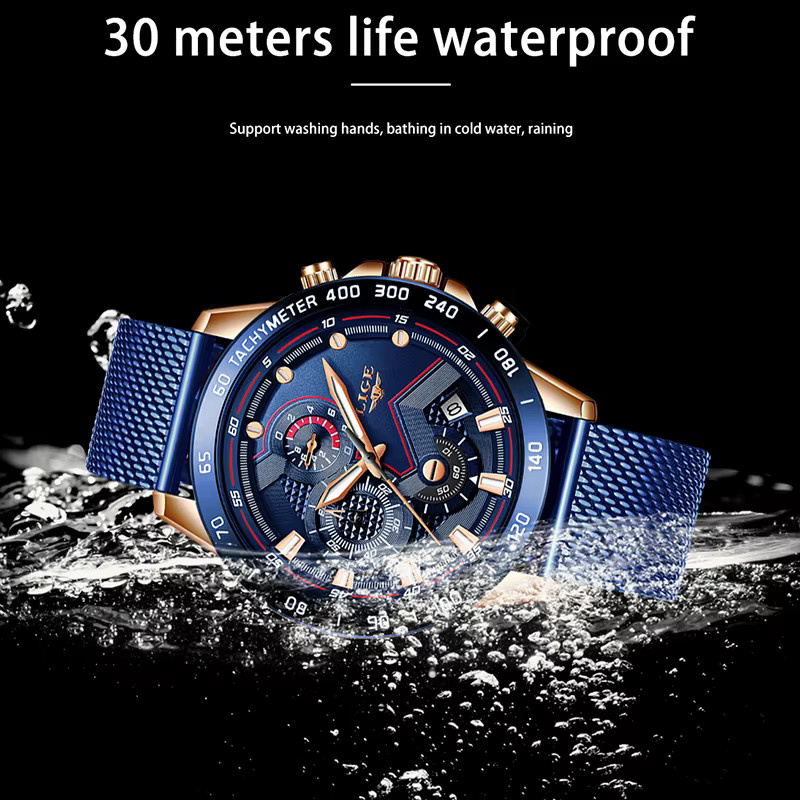 LIGE Chronograph Armbanduhr, Quarz, Edelstahl, Roségold, Blau, Herren - Bild 4