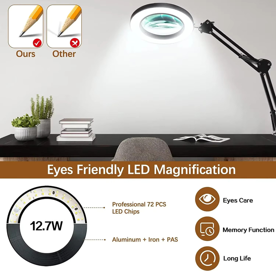 DBF 8-fache Lupe mit Licht und Ständer, dimmbare 2-in-1 Schreibtischlampe mit verstellbarem Schwenkarm und Klemme für Bastelarbeiten, Lesen und Reparaturen - Bild 2