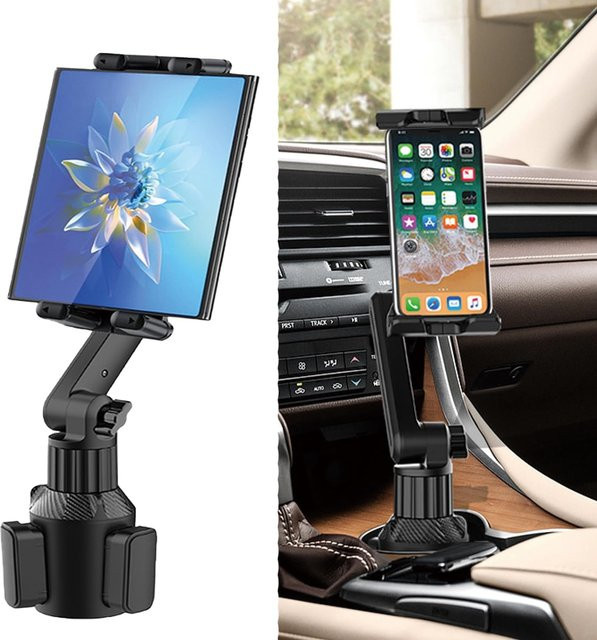 360 Grad verstellbarer Auto Becherhalter mit Tablet und Smartphone Halterung in Schwarz für iPad und Samsung Galaxy Tab - Bild 1