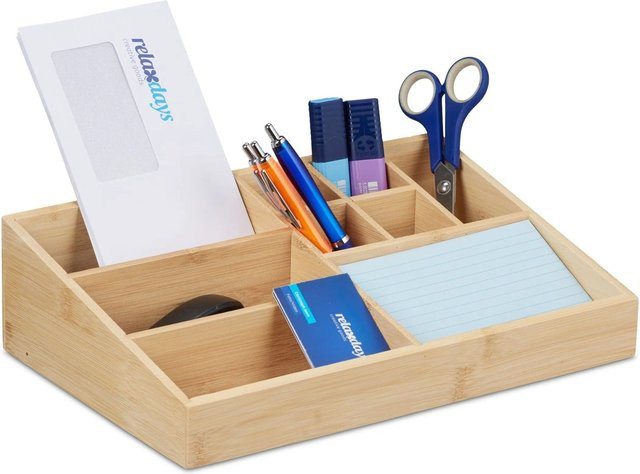 Relaxdays Schreibtischorganizer aus Bambus in Natur mit 9 Fächern, B/T/H: 33 x 21 x 9 cm - Bild 1