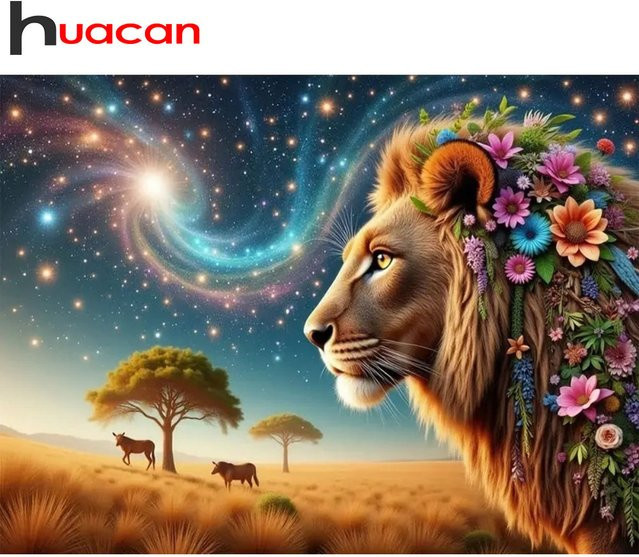 Huacan 5D-Diamantgemälde Löwe und Blumen als Diamant-Mosaik zum Selbermachen, Mehrfarbig, B/H: 30 x 20 cm - Bild 1