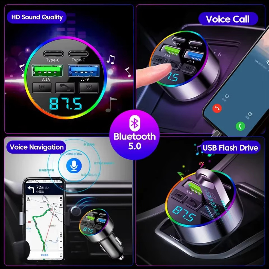 Kebidumei Bluetooth FM Transmitter mit Digitalanzeige, Dual USB und Typ C, Multifunktionaler Autoladegerät und MP3-Player, Schwarz - Bild 4