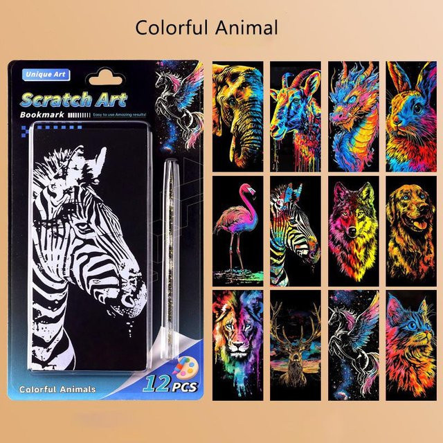 DIY Kratzbild Architekturlandschaften und Cartoon-Tiere, Kratzmalerei, 12-teiliges Set - Bild 1