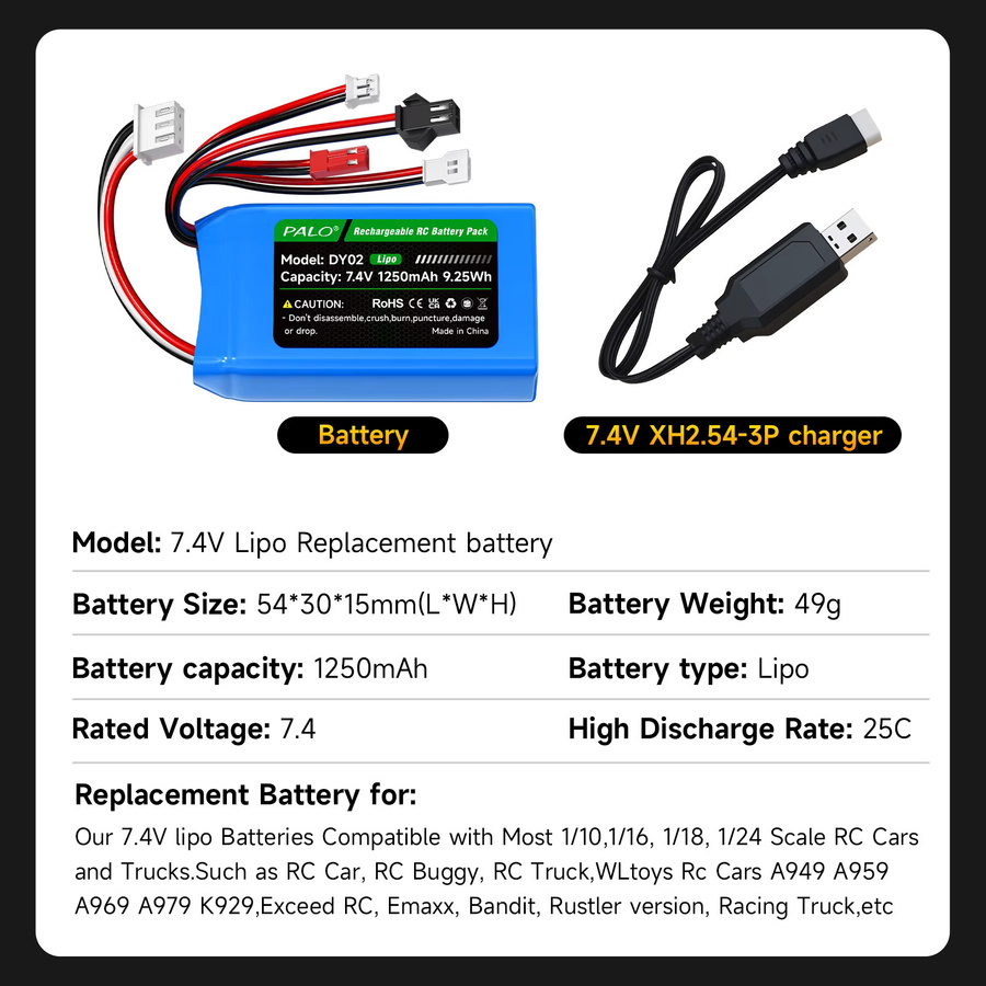 PALO Lithium-Polymer-Akku 7,4 V mit 1250 mAh und XH2.54-3P-Ladegerät für RC-Autos - Bild 5