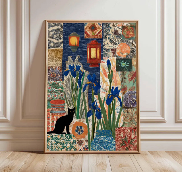 Boho Katzen Poster von SHENCHEN mit marokkanischen Laternen und floraler Collage in Mehrfarbig - Bild 1