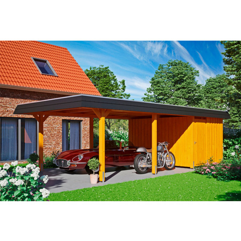 Skan Holz Carport Wendland mit Anbau in Eiche hell und schwarzer Blende, B/T: 362 x 870 cm, mit EPDM-Dach - Bild 3