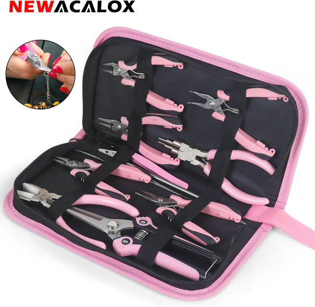 NEWACALOX Mini-Schmuckzangen-Set aus Karbonstahl in Pink mit runden, gebogenen und spitzen Zangen für die DIY-Schmuckherstellung - Bild 1