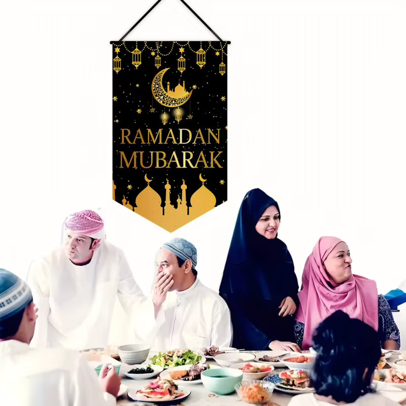 VIKAMA Eid Al-Fitr Banner aus Oxford-Stoff in Schwarz mit Mond-Motiv zur Veranda-Dekoration und für deine Eid-Feierlichkeiten - Bild 3