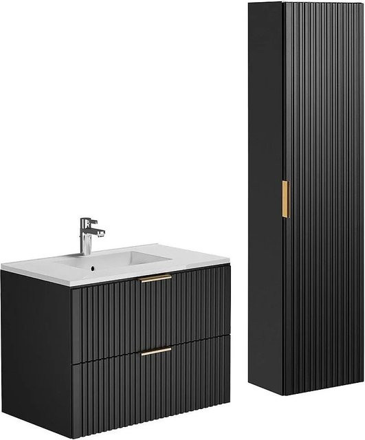 Vente-unique Badmöbel-Set Zevara in Schwarz im Art-déco-Stil mit Waschtisch, Waschbecken und Hochschrank, Breite: 80 cm - Bild 1