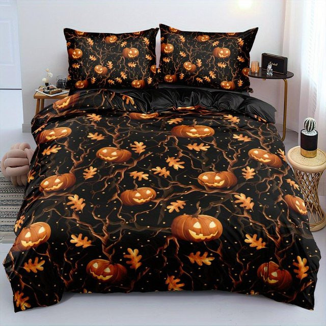 Halloween Bettwäsche-Set mit 3D Kürbis-Print und Ranken-Muster, Schwarz, B/H: 135 x 200 cm inklusive 1 Kissenbezug - Bild 1