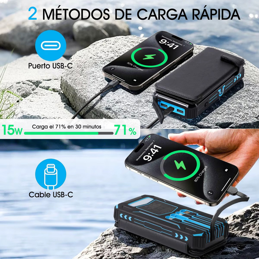 BIUBLE Solar Power Bank mit 36800 mAh und kabellosem Laden, PD 18W Schnellladegerät in Schwarz - Bild 5
