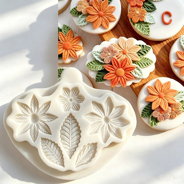 HANDLIFE Silikon-Zuckergussform Blumen und Blätter für Schokolade, Cupcakes und Fondant in Grau und Weiß - Bild 1