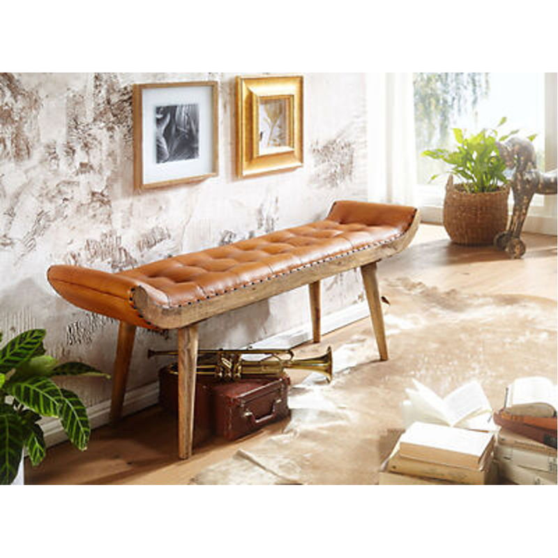 Wohnling Sitzbank aus braunem Ziegenleder im Chesterfield-Muster mit Mango Massivholz, B/H/T: 125 x 38 x 50 cm - Bild 3