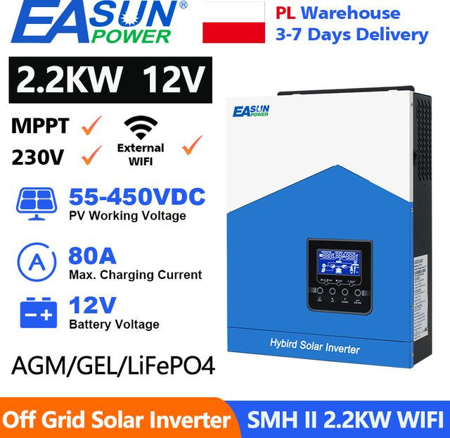 EASUN POWER Hybrider Solar Inverter 2,2 kW, 12V zu 230V Off-Grid System mit 80A MPPT Solarladeregler, PV-Eingang bis 450V und WIFI, Weiß - Bild 1
