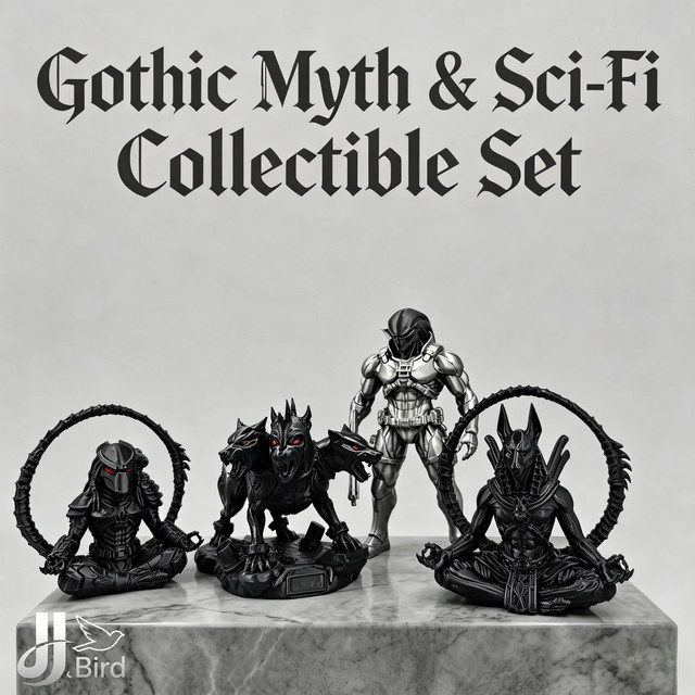 J BIRD Sammlerset Gotische Mythologie und Sci-Fi Figuren Anubis Cerberus Alien-Krieger in Schwarz zur Schreibtisch-Dekoration - Bild 1