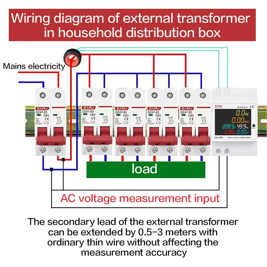 EARU D52-2066 Energiezähler für die DIN-Schiene in Weiß, Multifunktions-Stromverbrauchsmesser mit Voltmeter, Amperemeter, Watt, kWh und Frequenzmessung, AC 40–300 V, 100 A - Bild 3