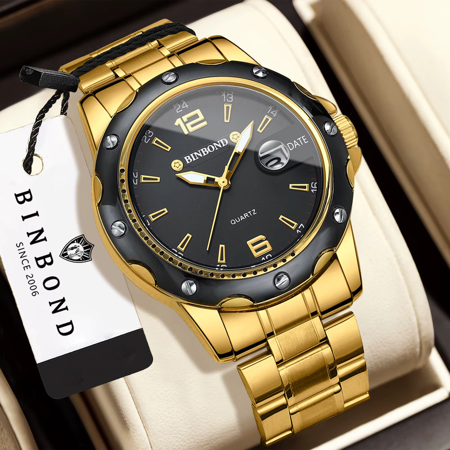 BINBOND Armbanduhr Quarz, Edelstahl, Gold, Schwarz, Herren - Bild 2