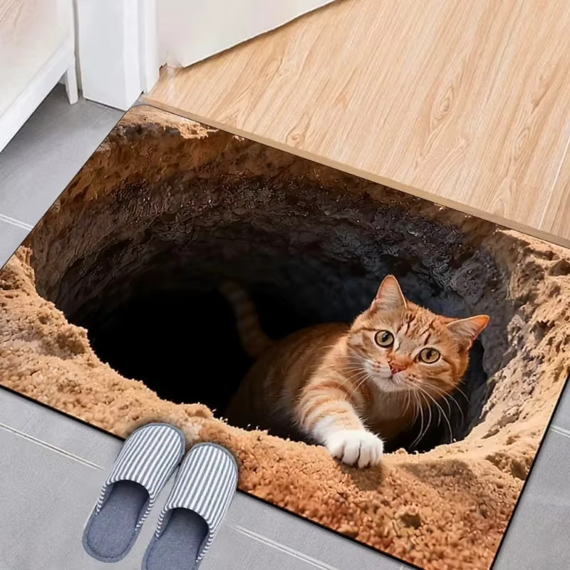 VIKAMA 3D Illusion Katzenloch Fußmatte, runde Bodenmatte in Braun, rutschfest und saugfähig für Wohnzimmer, Schlafzimmer oder Badezimmer - Bild 1